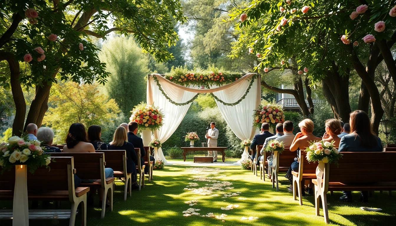 Hochzeitslocation in einem eleganten Garten mit wunderschönen Blumenarrangements und einem rustikalen Empfang.