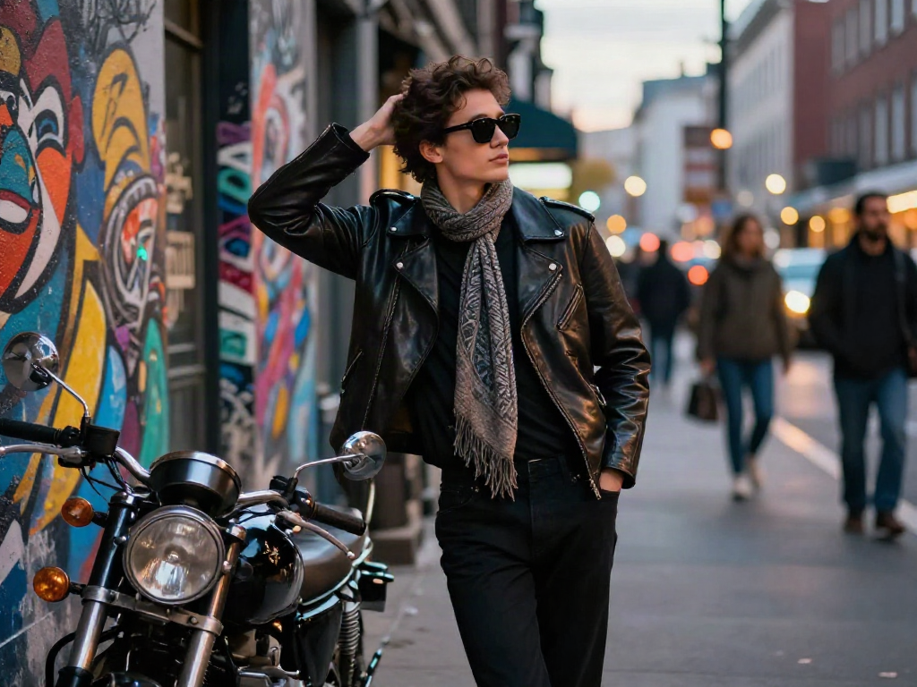 Stylish individual in leather jackets leaning against urban art wall, exuding confidence in city setting.