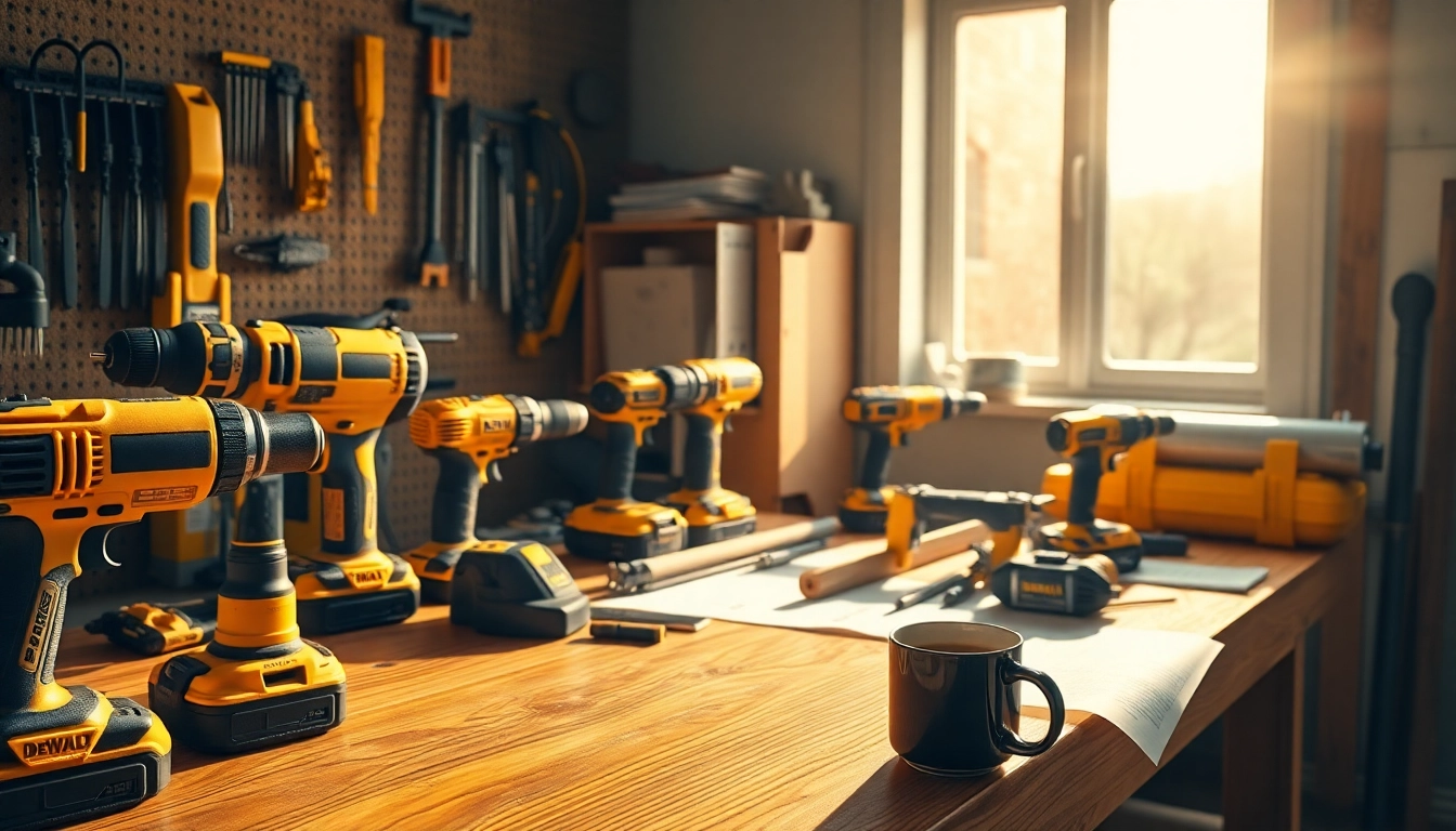 DeWalt tools showcasing a professional workspace setup with drills and saws.