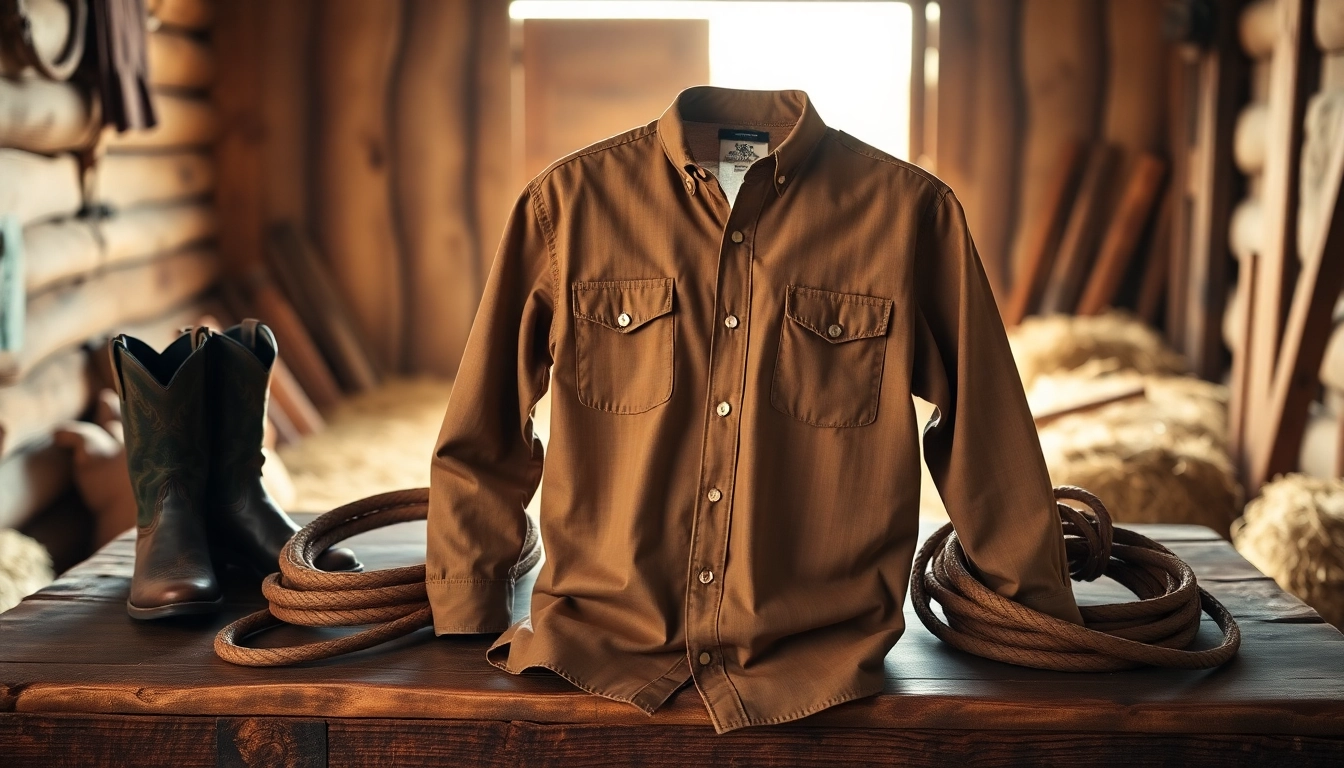 Showcasing a cowboy shirt Canada, uniquely styled with vintage cowboy boots and lasso on a wooden table.
