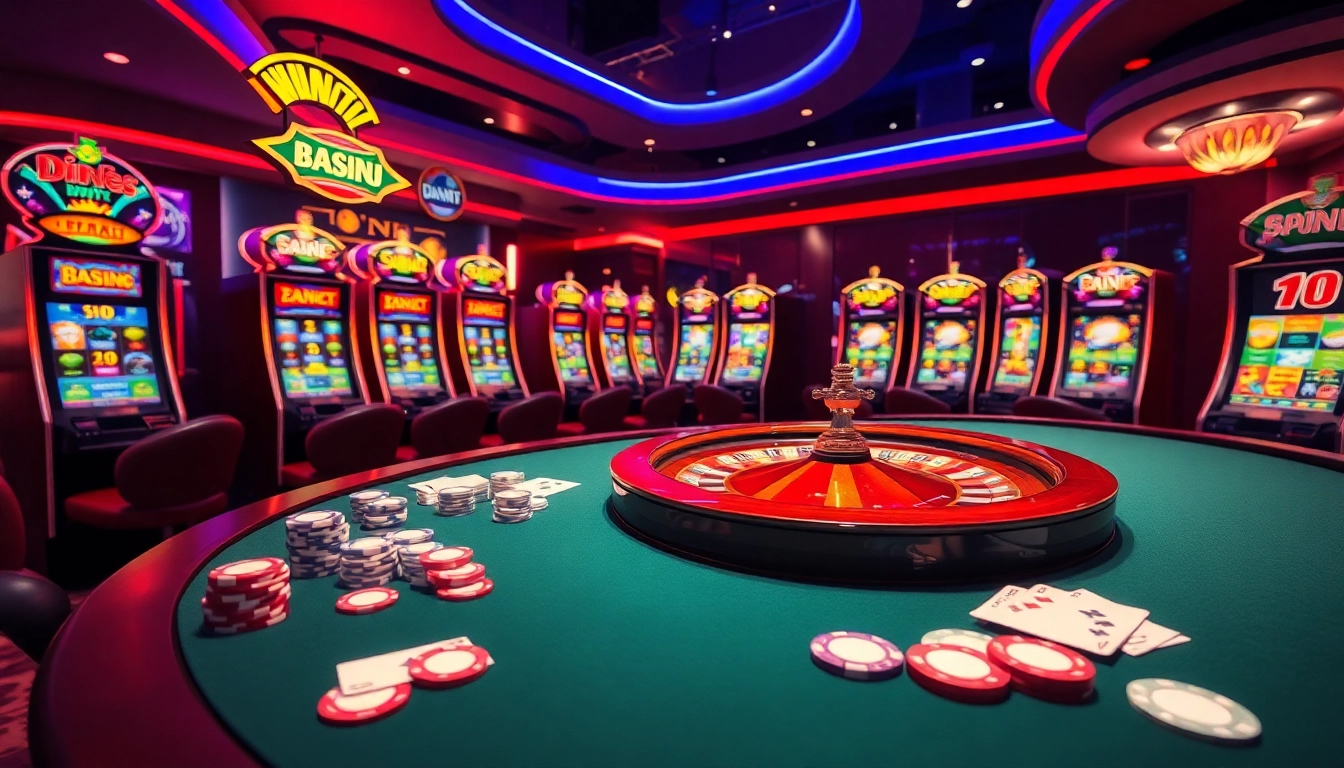 Engaging casino scene featuring dinamit4d elements with roulette, poker chips, and slot machines.