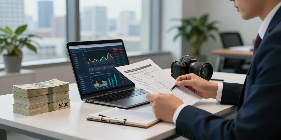 Professional banker reviewing cash deposit 5000 in an elegant office.