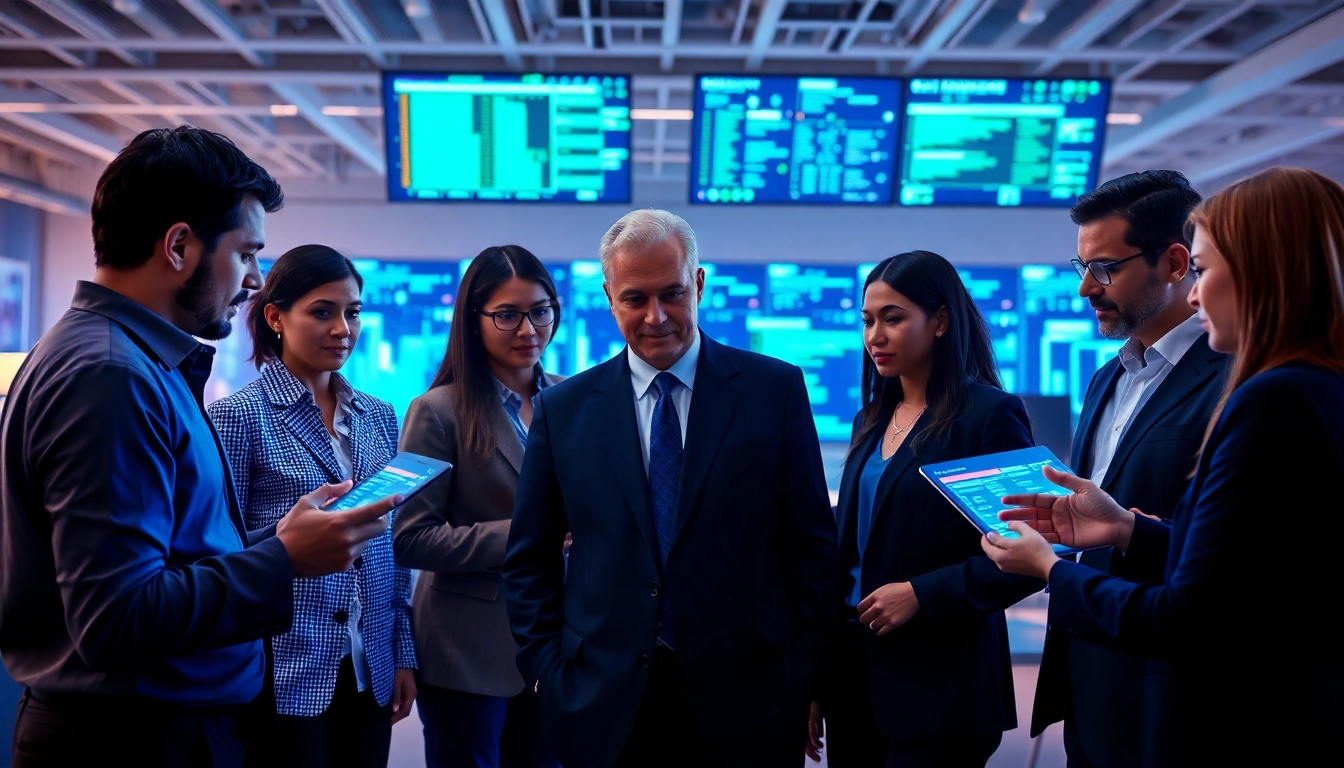 Cyberdan cybersecurity experts collaborating in a high-tech environment with advanced digital interfaces.