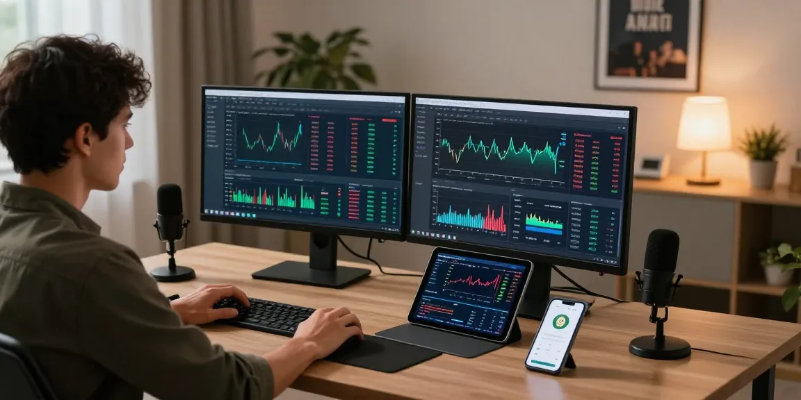 Mining crypto online in a modern workspace with dual monitors, showcasing live blockchain analytics and cryptocurrency performance metrics.