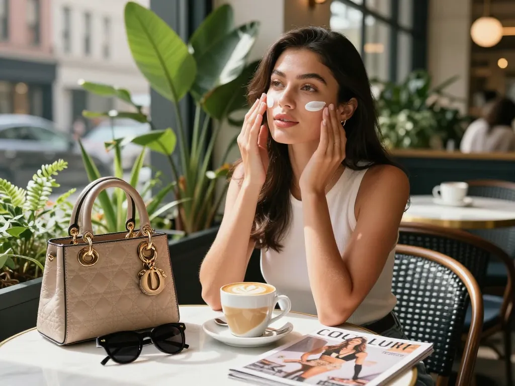 Fashionable woman applying face SPF moisturizer in a chic café environment.