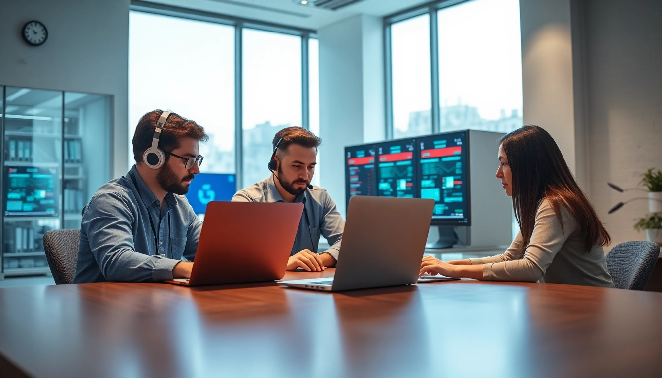 IT support service team assisting with server issues in a contemporary office.
