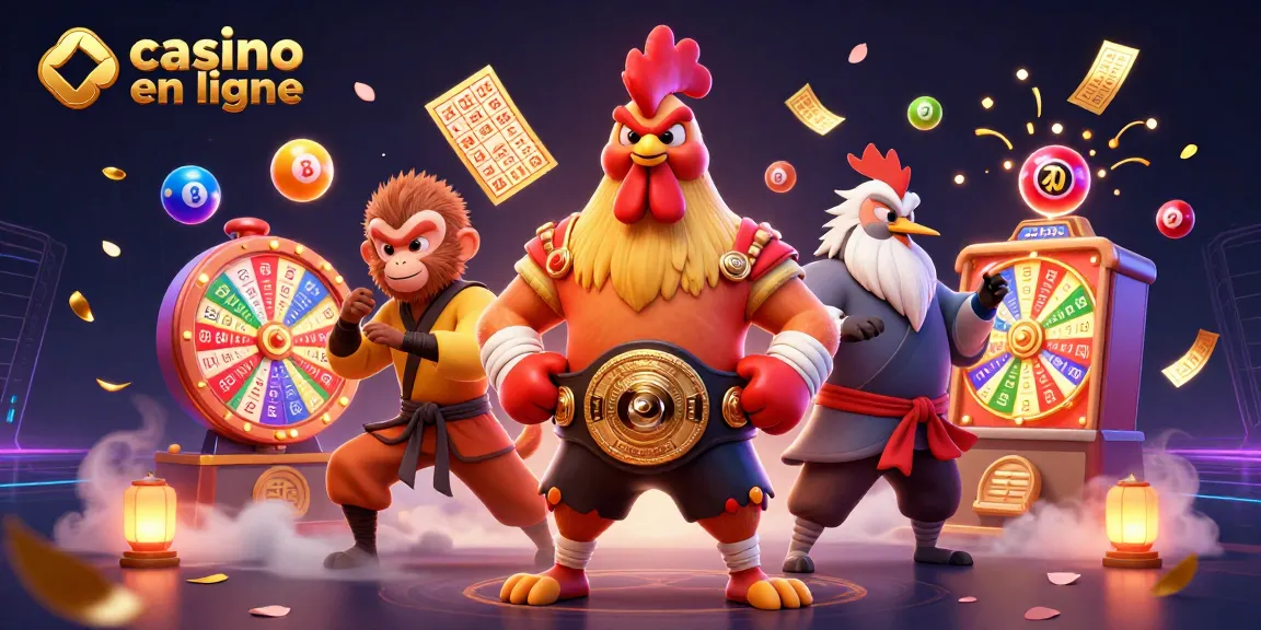 Jouez aux jeux captivants sur un casino en ligne avec un coq combattant, un singe et un maître grue.