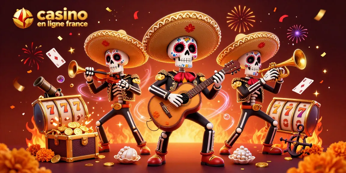 Les membres du groupe mariachi jouent dans une scène colorée, célébrant le casino en ligne France.