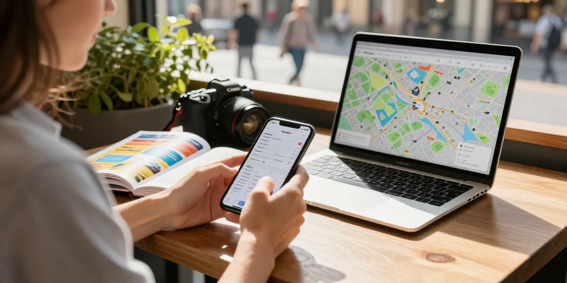 Traveler using itinerary builder app at café with vibrant travel guides and laptop in view.