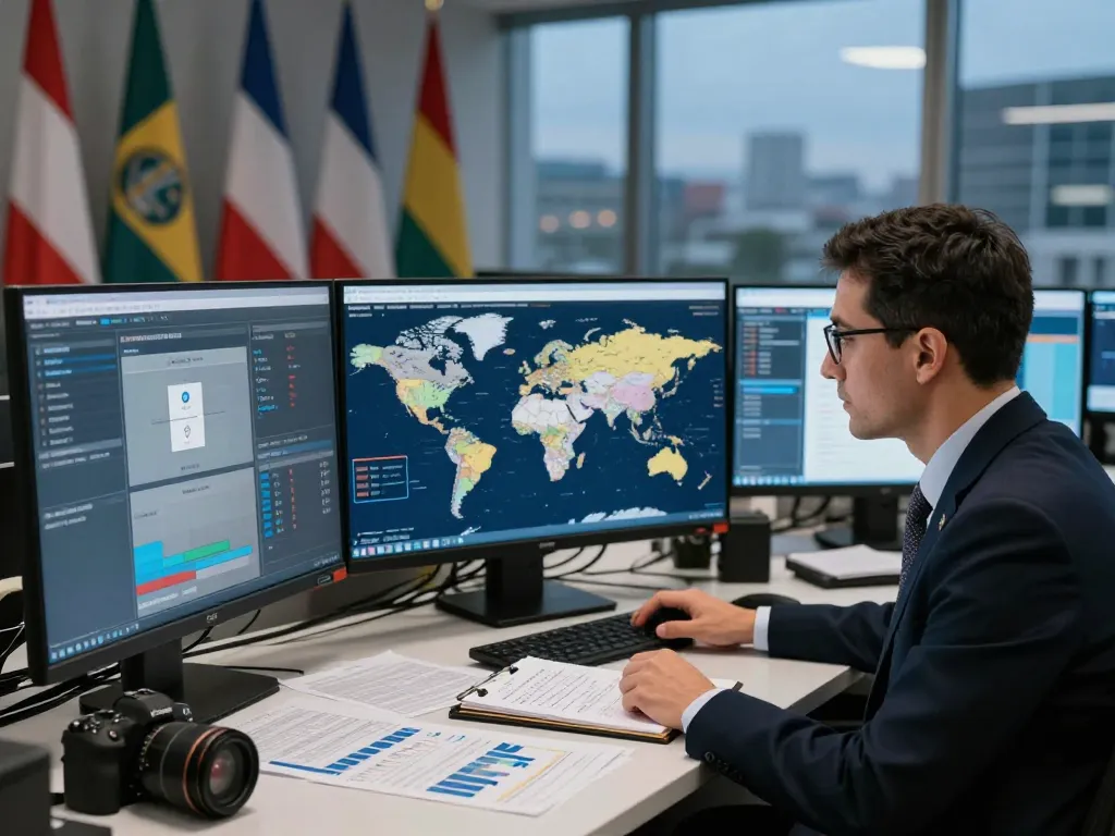 Analyst monitoring International Crisis Watch data and global conflict alerts in a professional office setting.