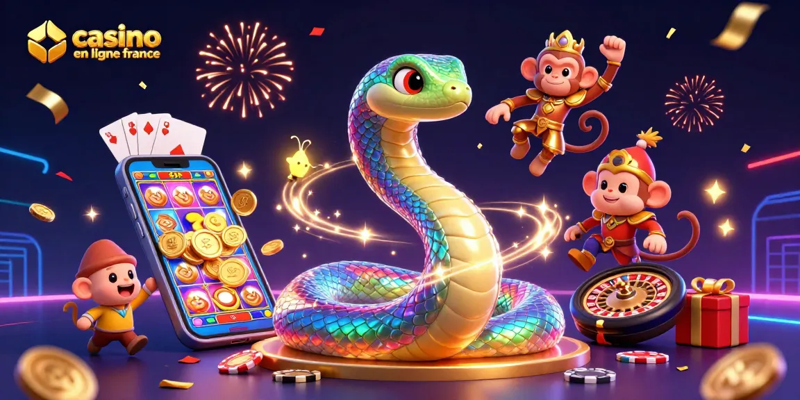 Jouez à des jeux captivants sur un casino en ligne France avec des serpents colorés et des récompenses dorées.
