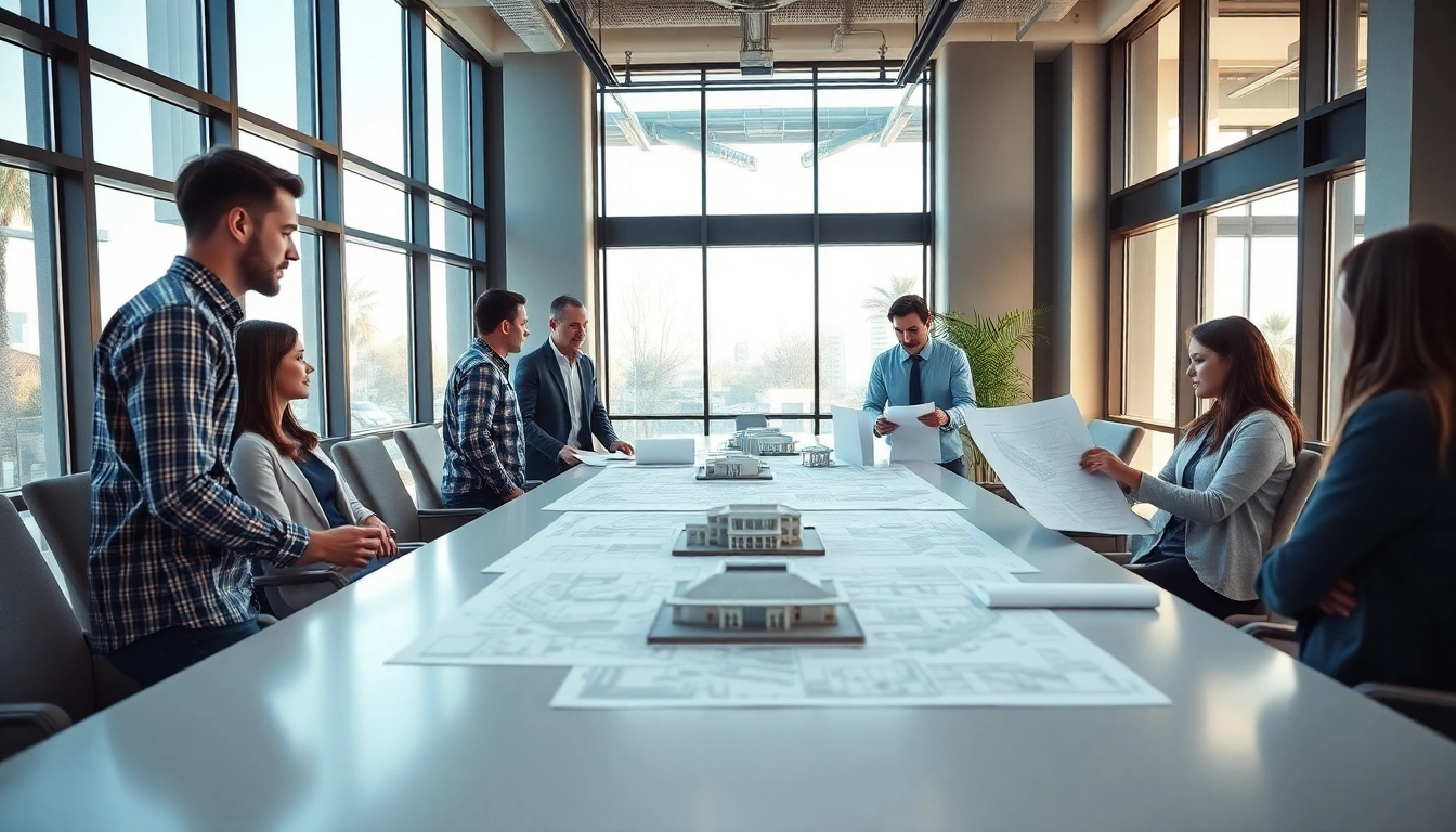 Offering architectural services in a collaborative workspace with architects examining blueprints.