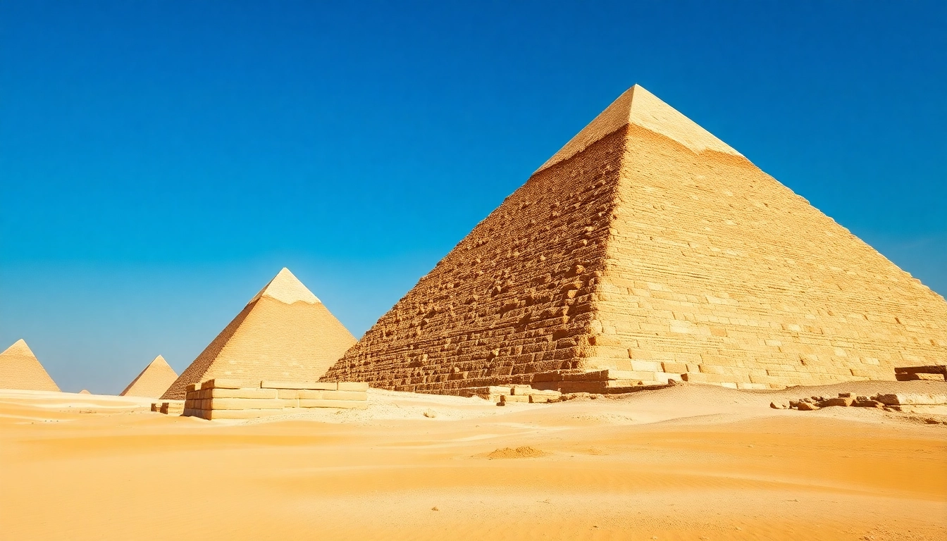 View the Great Pyramid of Giza with intricate details at https://piraminds.com/ under a vibrant blue sky.