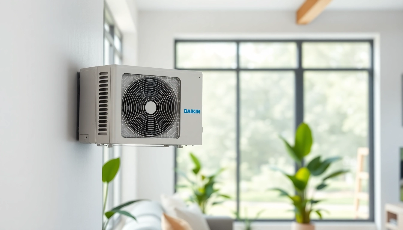 Efficient Daikin mini split AC mounted in a stylish living room, showcasing its modern design.