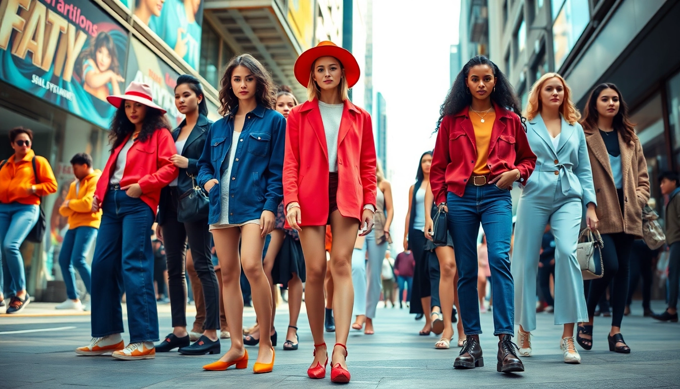 Engaging display of fashion and apparel trends showcased by diverse models in a vibrant urban setting.