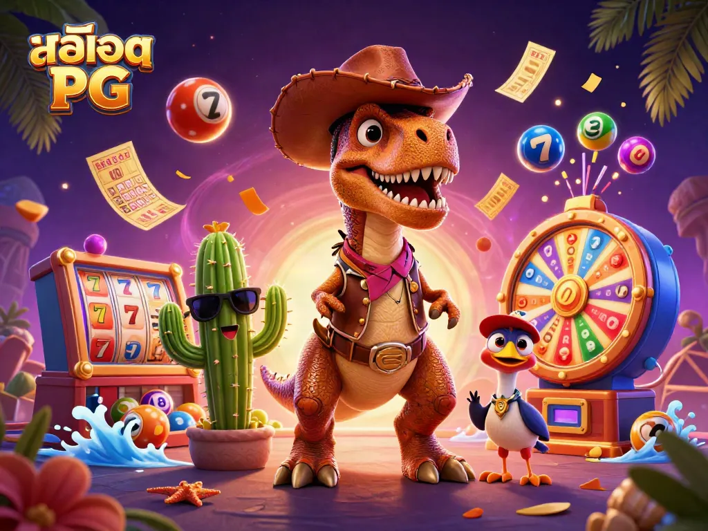 สล็อต PG ข้ามผ่านการเล่นสล็อตด้วย T-Rex คาวบอยและหุ่นไพ่ในฉากคาสิโน