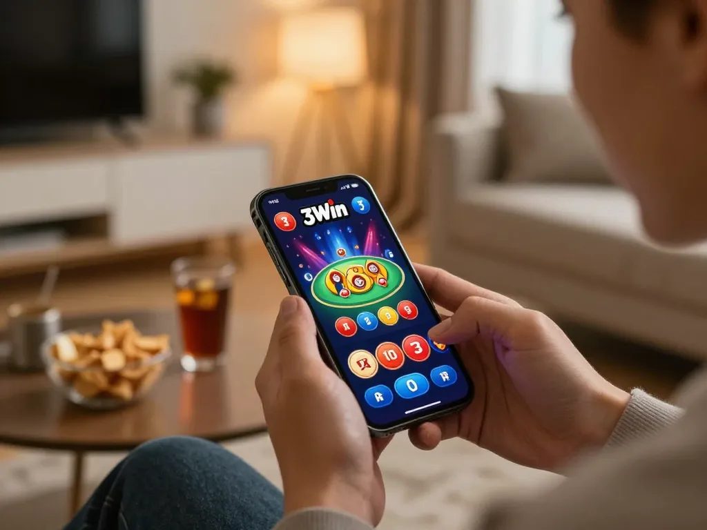 Engaging online gaming scene with 3Win smartphone interface set in a cozy home atmosphere.