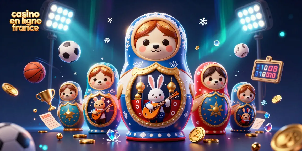 Jouez à des casinos en ligne en France avec des ours Matryoshka et des éléments sportifs animés.