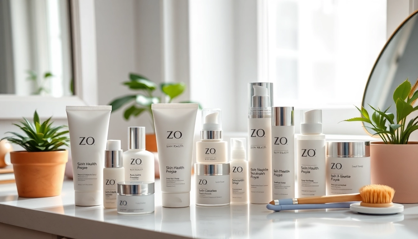 Präsentation von ZO Skin Health Produkte auf einem eleganten Vanity-Tisch mit sanften Farben.