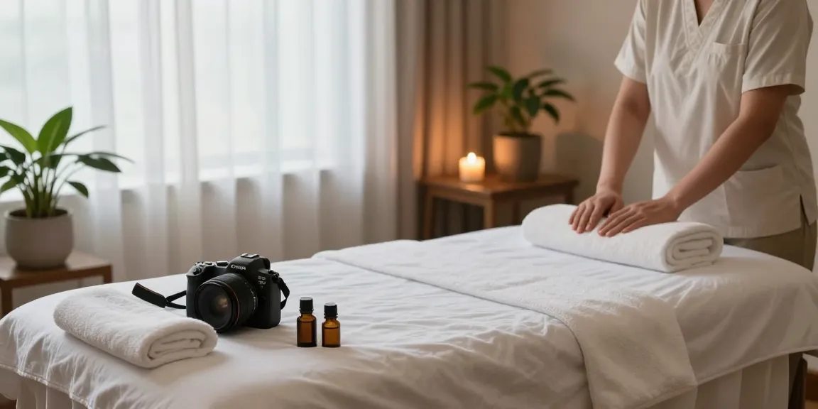 마사지 치료를 위한 아늑한 마사지룸의 모습, 편안한 분위기와 자연 요소가 조화를 이루고 있습니다.