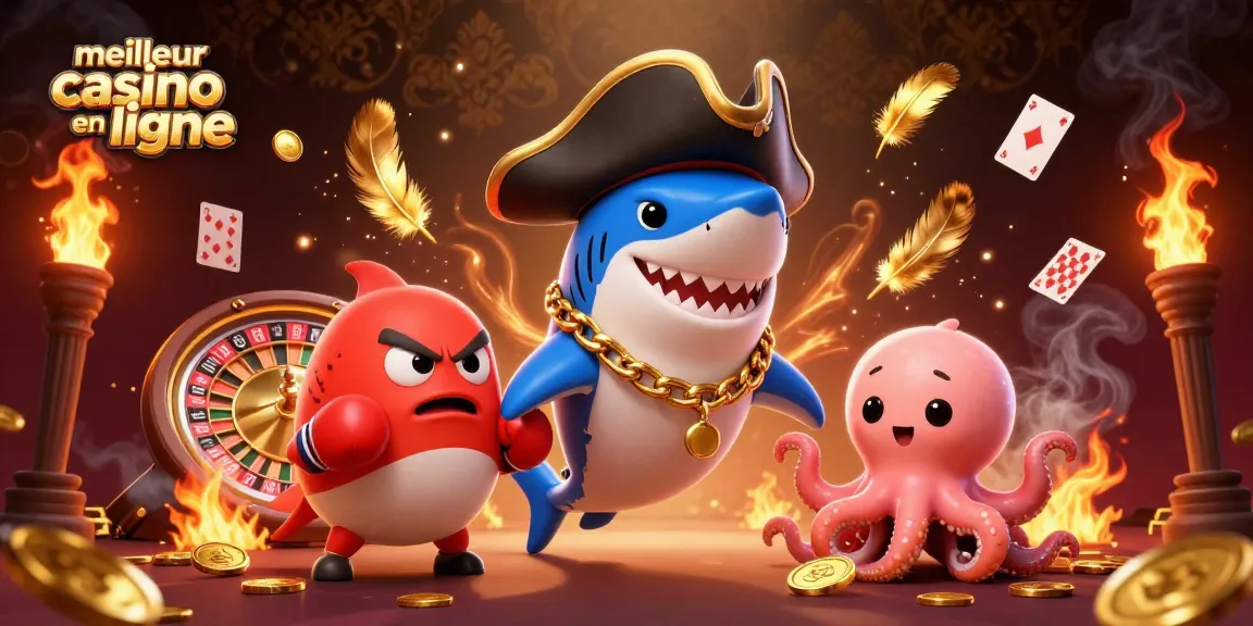 Visitez le meilleur casino en ligne avec un requin pirate et une pieuvre, entourés de jeux de casino.