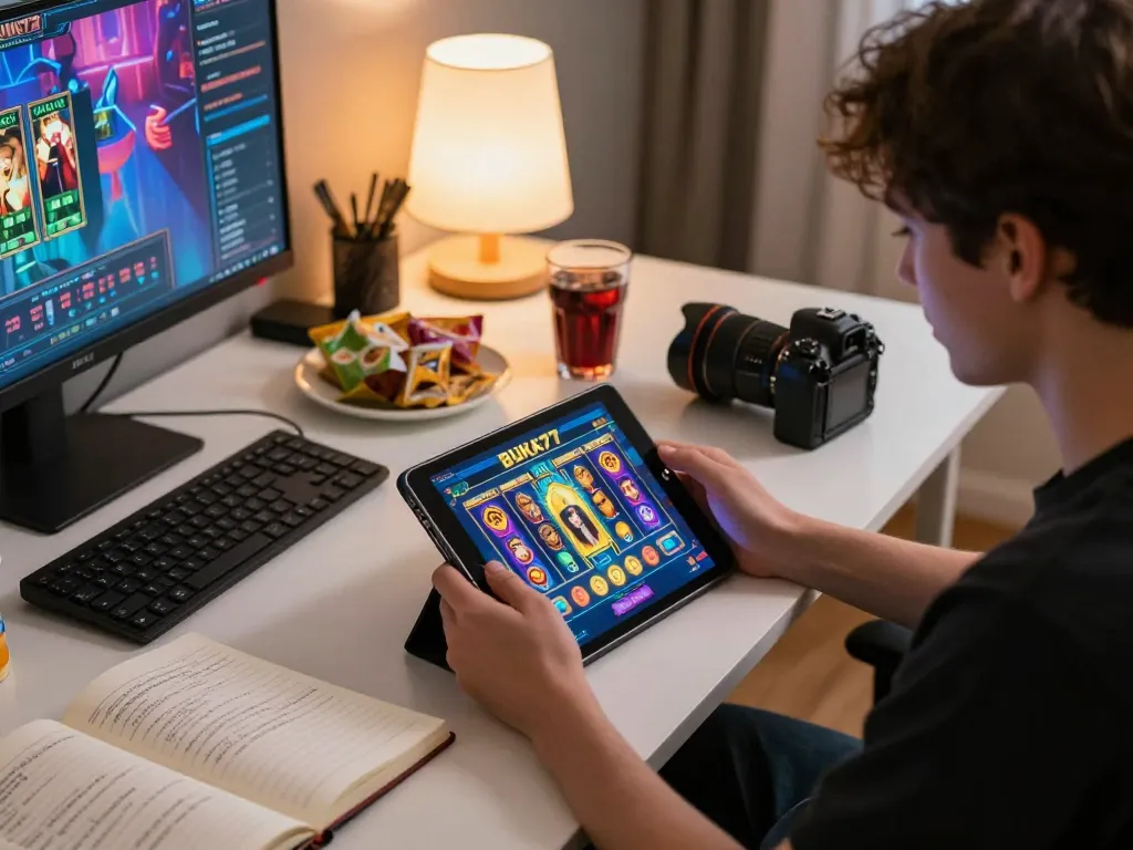 Engaging in BUKA77 slot game on tablet in a cozy home gaming setup with snacks and strategic notes.