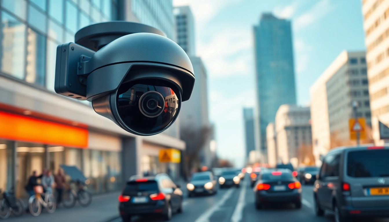 Capture of a license plate recognition camera monitoring vehicle movements in an urban setting.