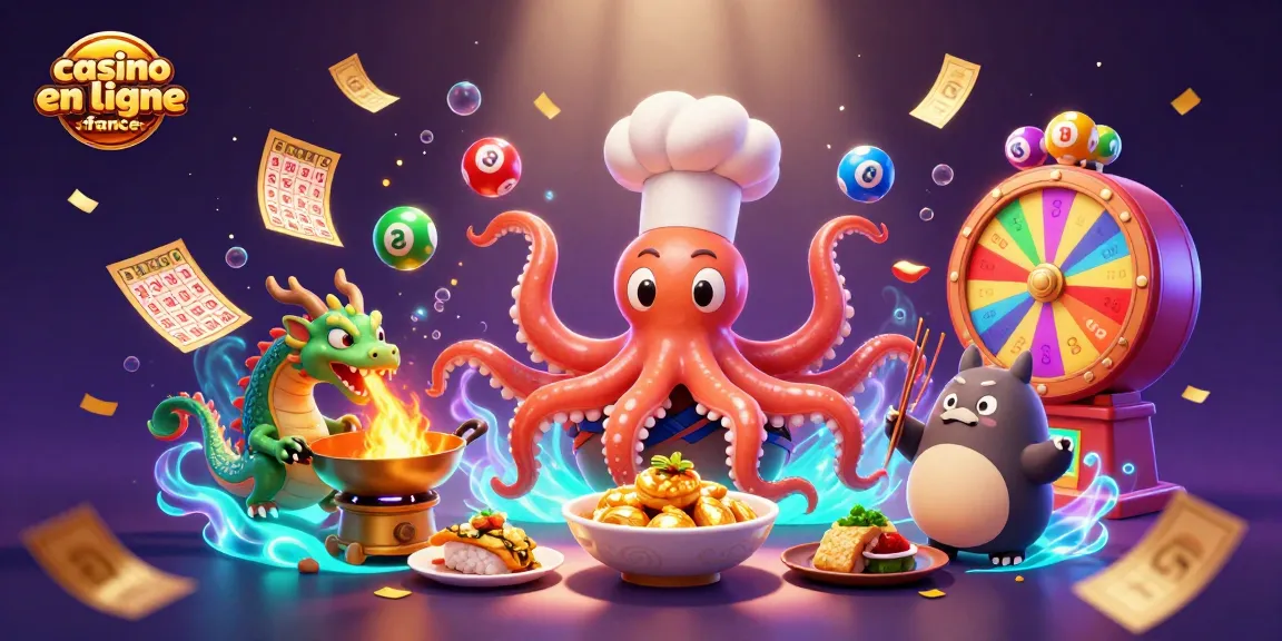 Illustration animée de casino en ligne France, mettant en scène un chef sushi, un dragon et un client autour de jeux de loterie.