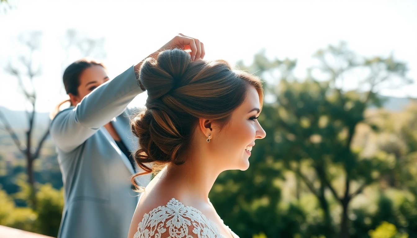Destination wedding hair stylist creating an elegant hairstyle for the bride outdoors.