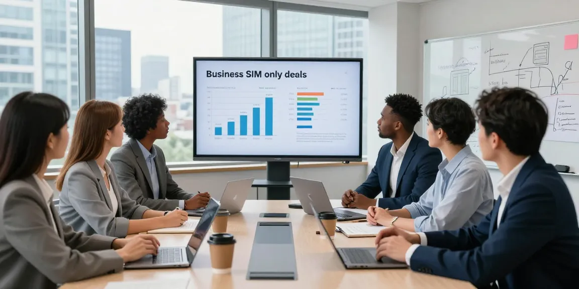 Team discussing business SIM only deals UK in a modern office setting with charts and collaborative atmosphere.