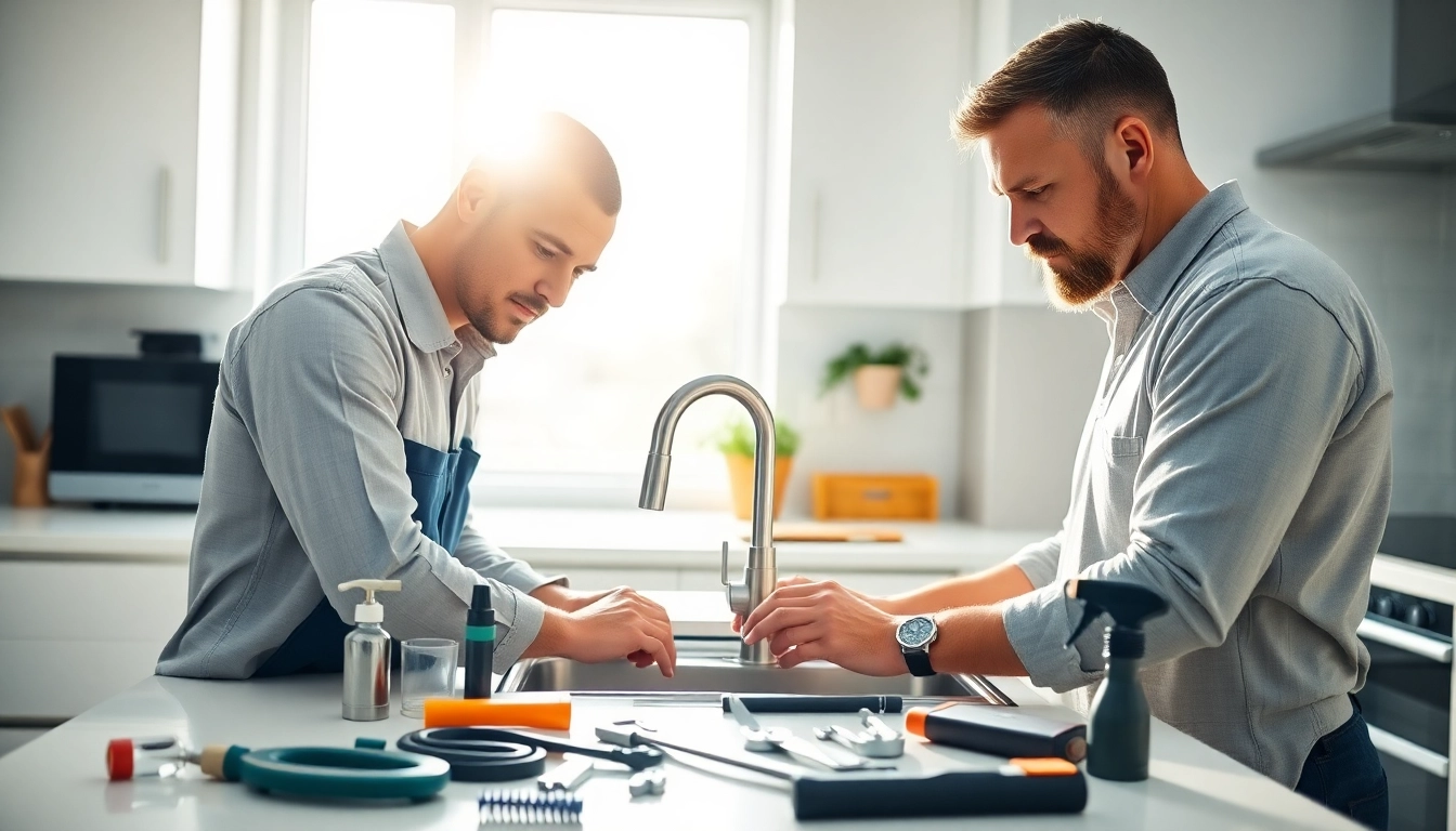Plumber Knightdale fixing a leak in a modern kitchen with tools and bright lighting.
