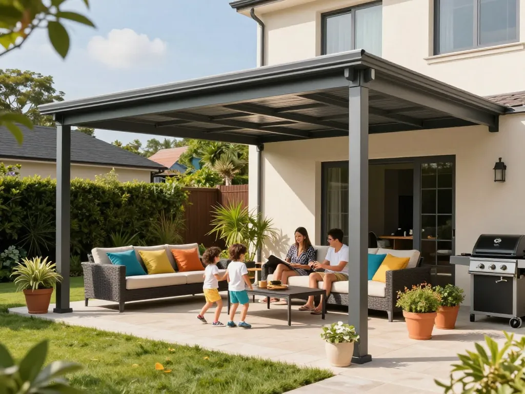 Moderne Familie genießt den Außenbereich unter einer stilvollen Terrassenüberdachung mit üppigem Garten.