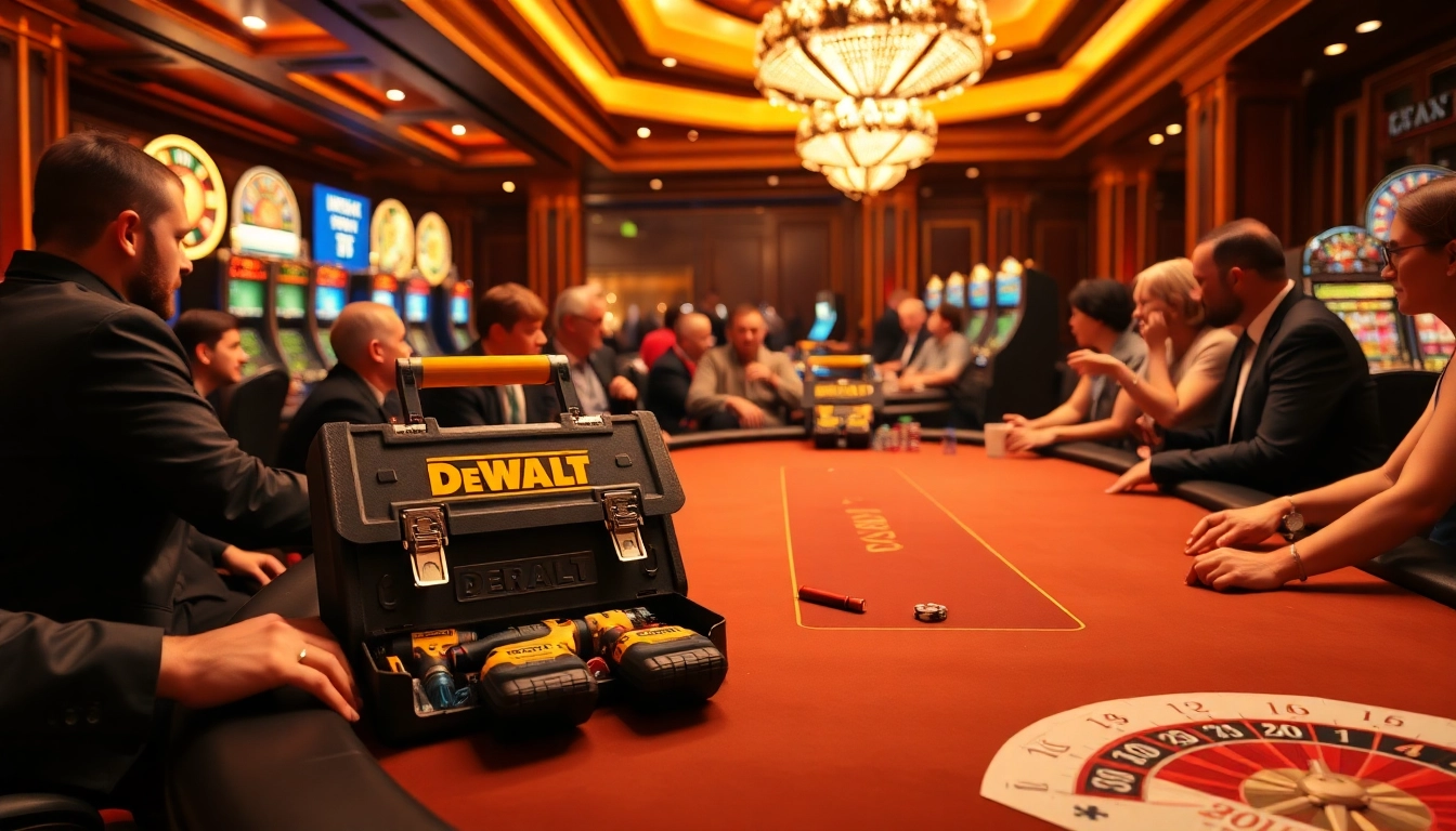 DeWalt tools showcased elegantly at a poker table, enhancing the gaming experience.