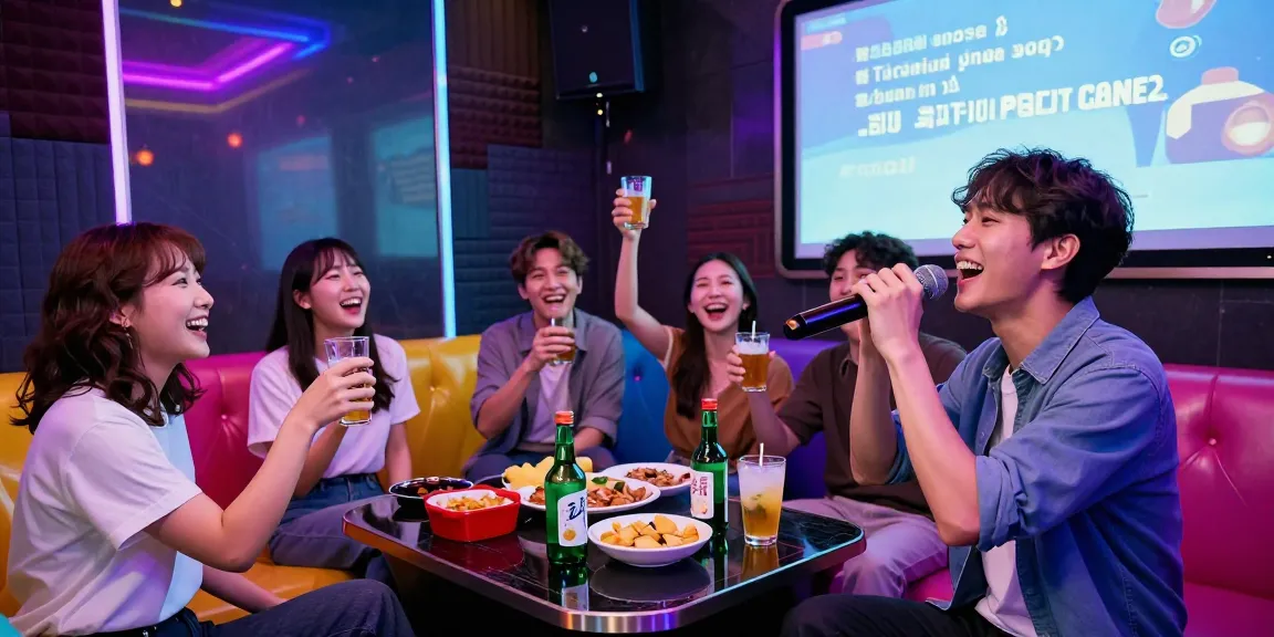 강남가라오케 룸에서 친구들과 함께 노래 부르는 모습, 즐거운 분위기 연출