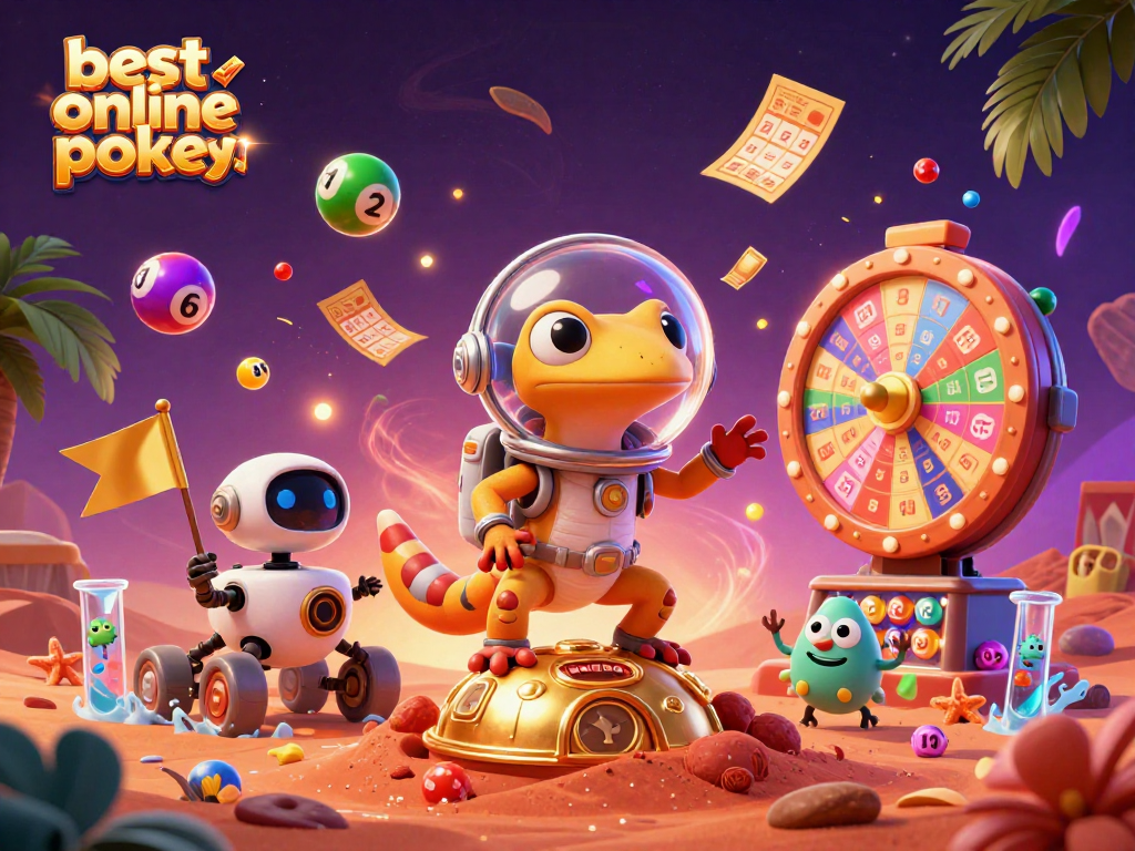 Engaging visual of best online pokies showcasing a Martian gecko exploring a golden casino with exciting game elements.