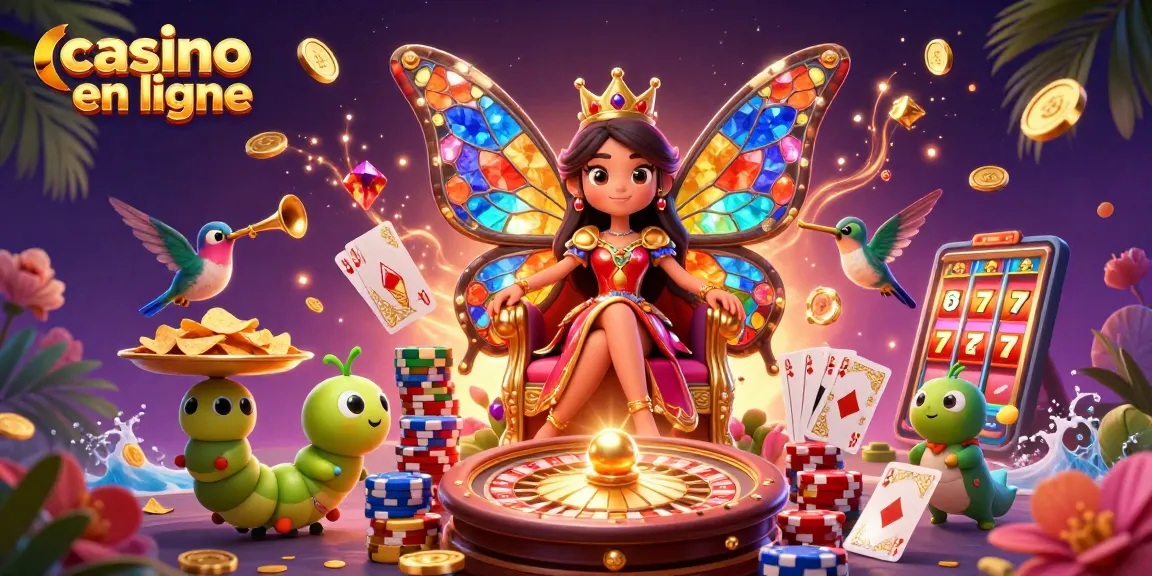 Découvrez le casino en ligne avec la reine papillon, entourée de pièces d'or et de jeux captivants.