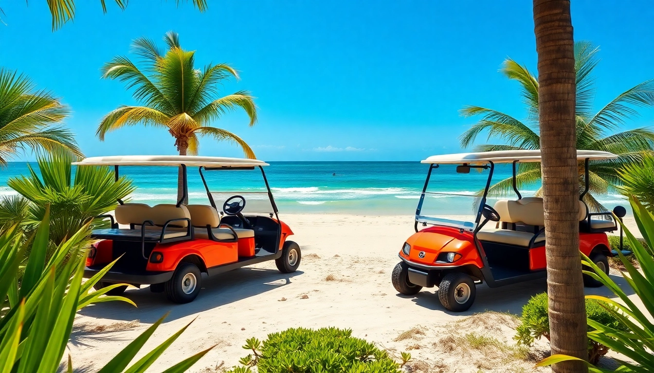 Book your Golf Cart Rental San Pedro Belize with vibrant beach backdrop and colorful carts