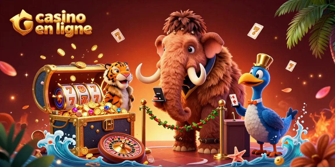 Découvrez le casino en ligne animé par un mammouth gardien et ses invités, entouré de symboles de jeux d'argent.