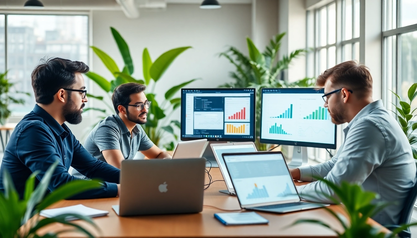 Software testers collaborating with a test automation tool in a vibrant office.