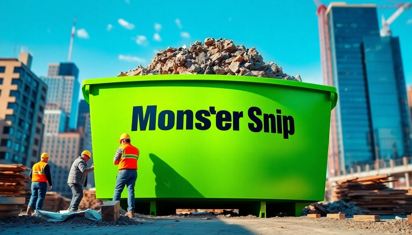 Construction workers efficiently loading a green Monster Skips into a bustling cityscape.