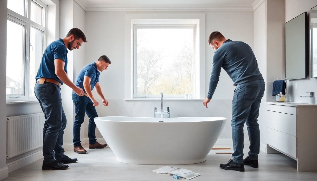 Professional bathroom fitters manchester installing elegant tiles in a modern bathroom setting.