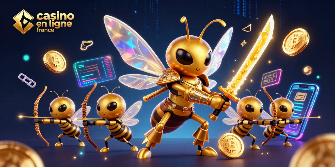 Illustration animée 3D représentant un géant frelon en armure de samouraï, mettant en avant le casino en ligne France avec des éléments de crypto-monnaie.