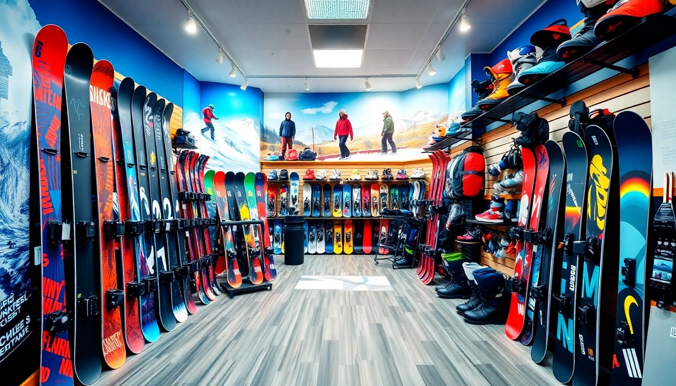 Browse diverse selections in a vibrant snowboard store showcasing equipment and accessories.