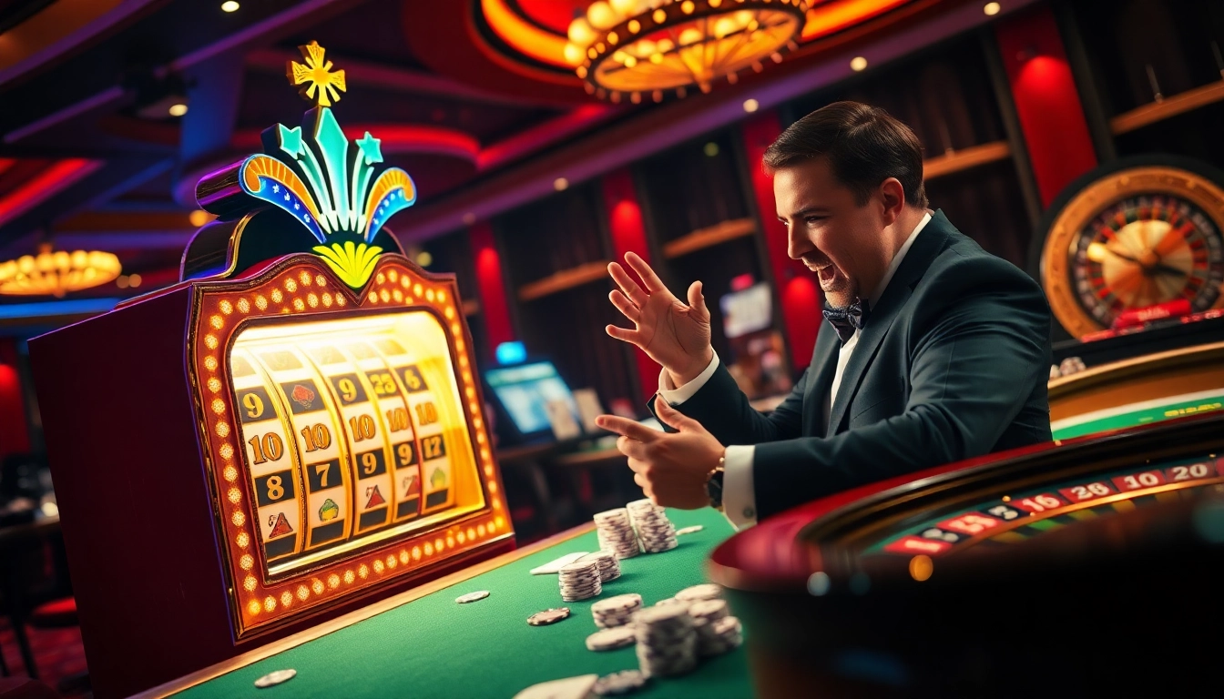 Gambler enjoying a thrilling slot machine experience in a vibrant casino atmosphere.