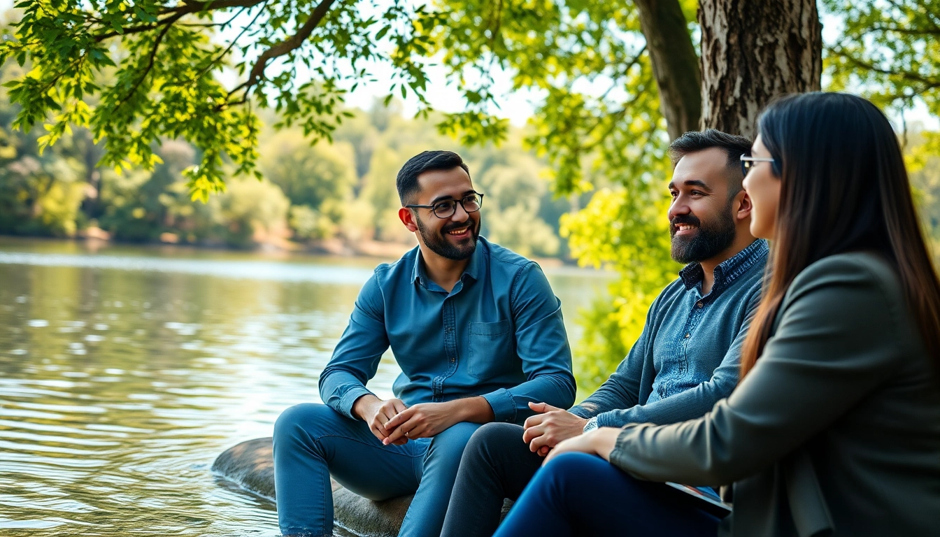 Engaged entrepreneurs break at a calm lakeside, discussing ideas in a serene environment.