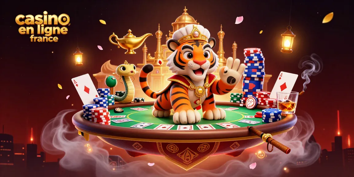 Illustration dynamique de casino en ligne France avec sultan, tapis volant, et éléments de poker.