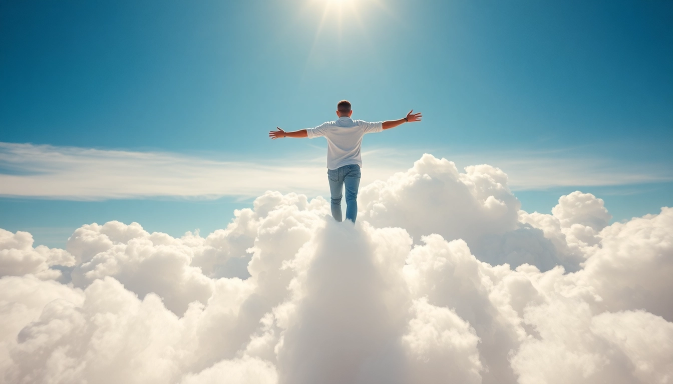 Person walking on clouds under a bright blue sky, showcasing the feeling of Walking on Clouds.