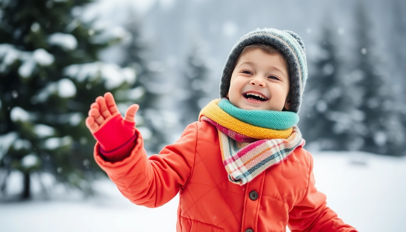 Child joyfully wearing the best kids baselayer in a snowy winter scene.