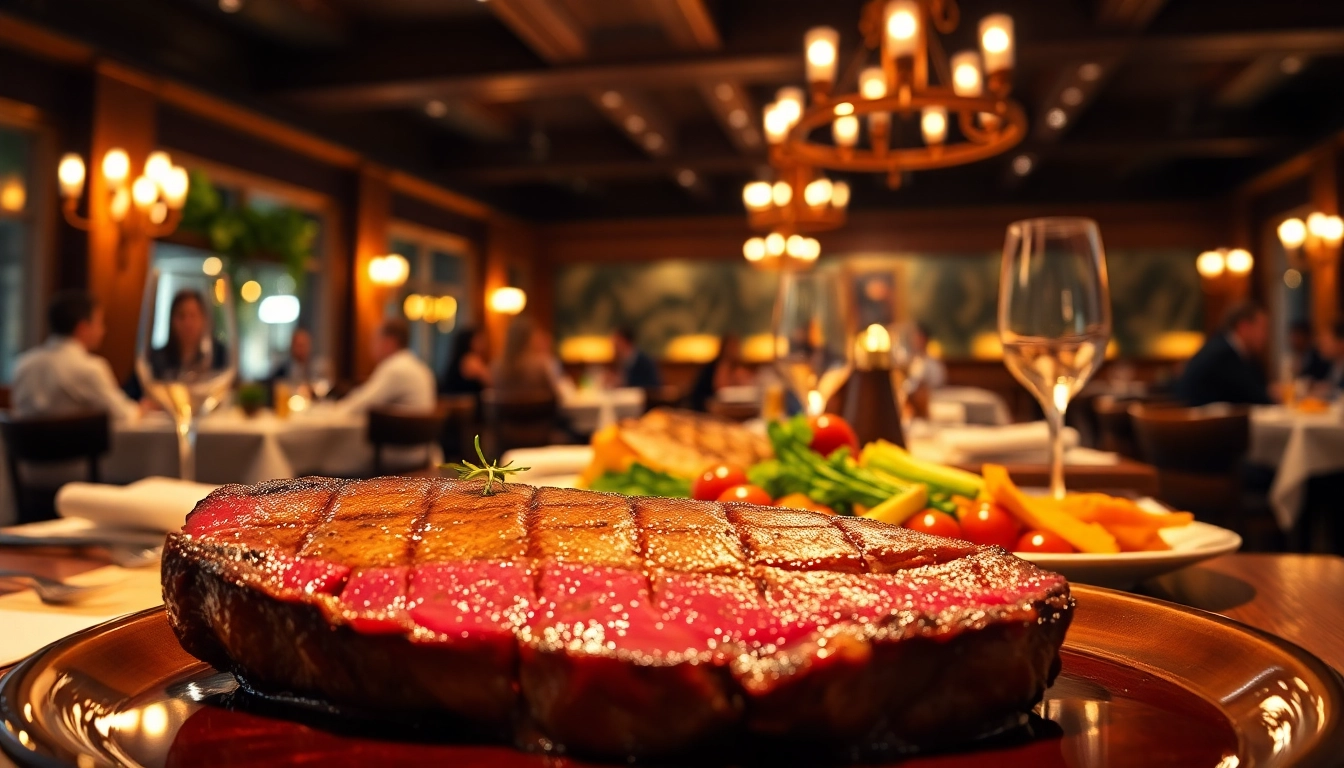 A vibrant scene of J&R steakhouse highlighting signature dishes in a cozy dining environment.