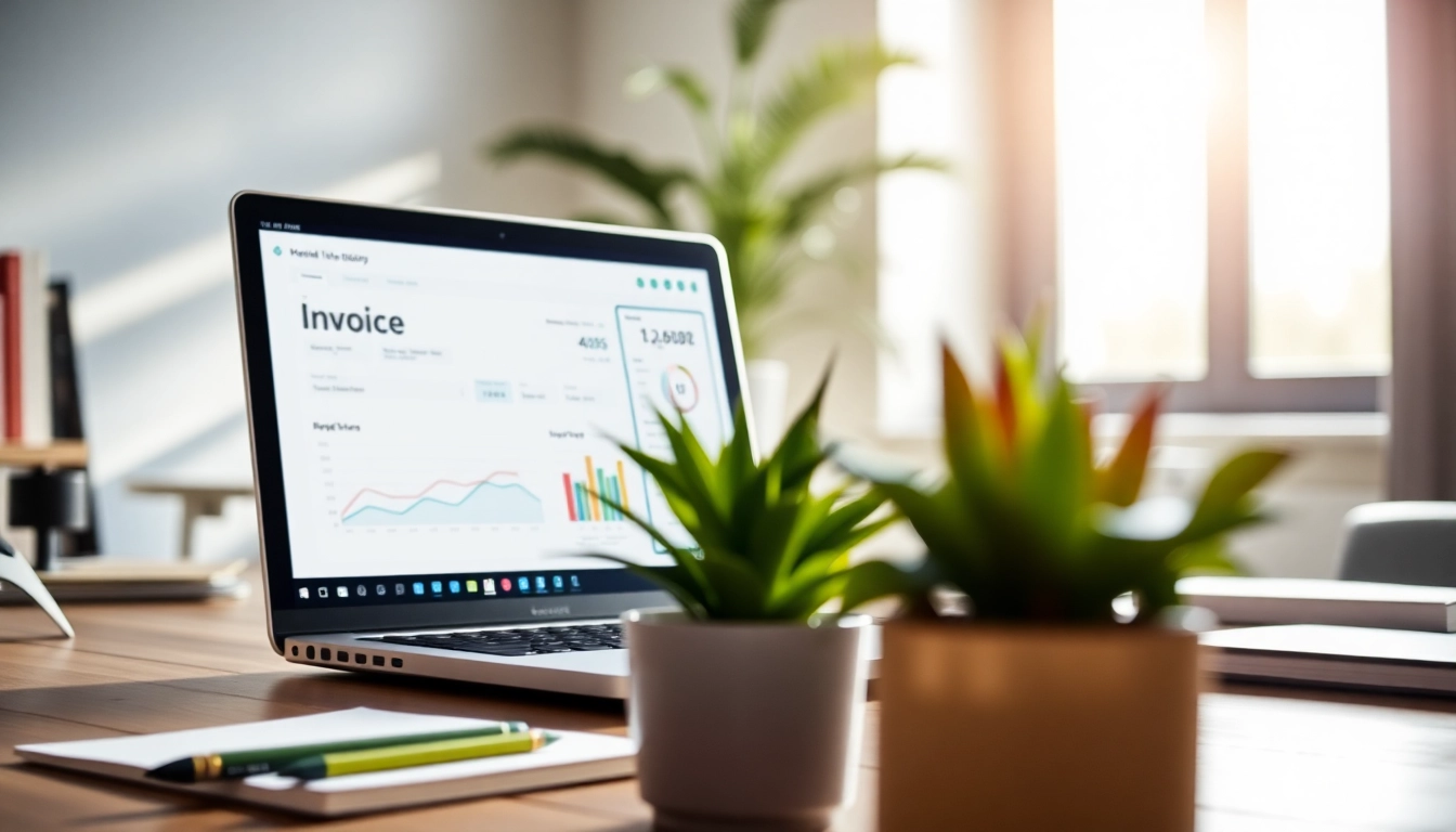 Streamlined invoice processing software interface displayed on a laptop in a professional workspace.